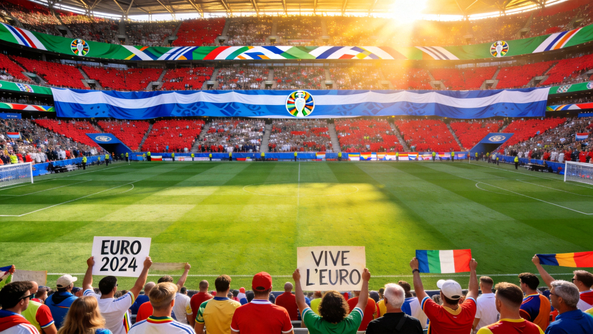 欧洲杯足球赛场全景横幅背景图，绿茵场与观众席